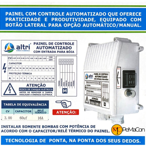 Altri Painel Para Bomba de Poço Com Entrada Para Boia 3 fios 3.00cv Mono 220v 60uf 16A