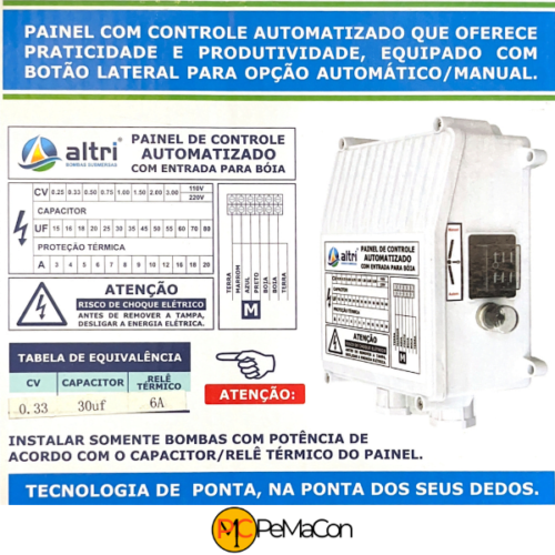 Altri Painel Para Bomba de Poço Com Entrada Para Boia 3 fios 0.33cv Mono 110v 30uf 6A