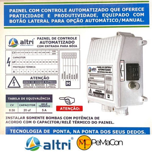 Altri Painel Para Bomba de Poço Com Entrada Para Boia 3 fios 0.50cv Mono 220v 20uf 5A