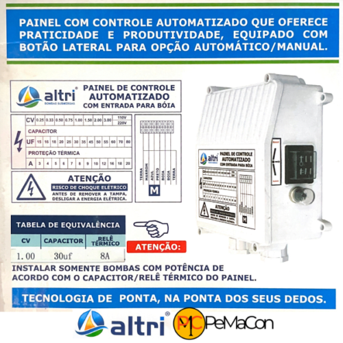 Altri Painel Para Bomba de Poço Com Entrada Para Boia 3 fios 1.00cv Mono 220v 30uf 8A