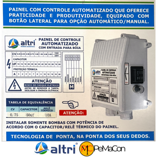 Altri Painel Para Bomba de Poço Com Entrada Para Boia 3 fios 0.75cv Mono 110v 50uf 10A